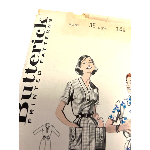 Butterick Vintage 1950's Pattern #8512 Women's Half Size Shirt Dress Size 14.5 - Picture 2 of 6
